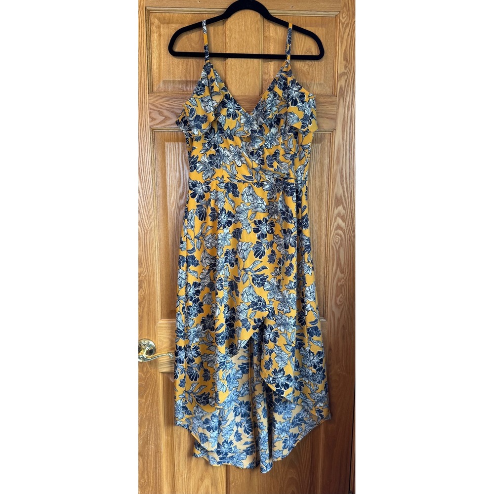 Floral High Low Wrap Dress Mustard Yellow Navy Blue Ruffle V-Neck Summer Maxi